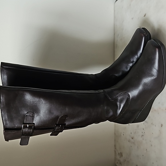 MEPHISTO: chocolate brown leather square toe buckle knee boots - Picture 3 of 7